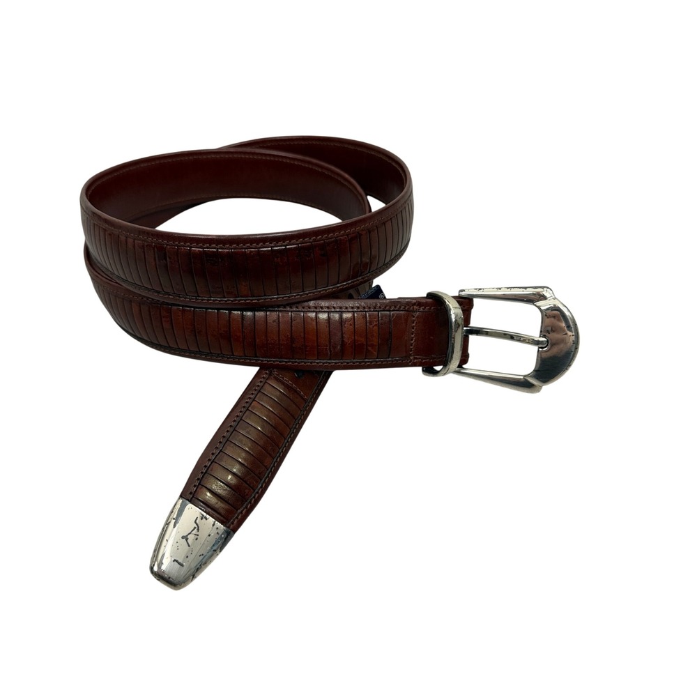 Mezlan Belt Mens 38 Brown Ribbed Leather Silver Tone Hardware Dress Classic 3109